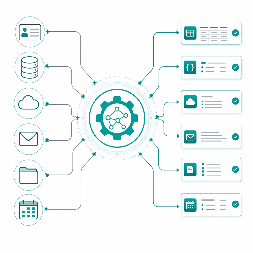 Execution layer diagram — agent connecting to CRMs, databases, ERPs, and cloud APIs with validated outputs