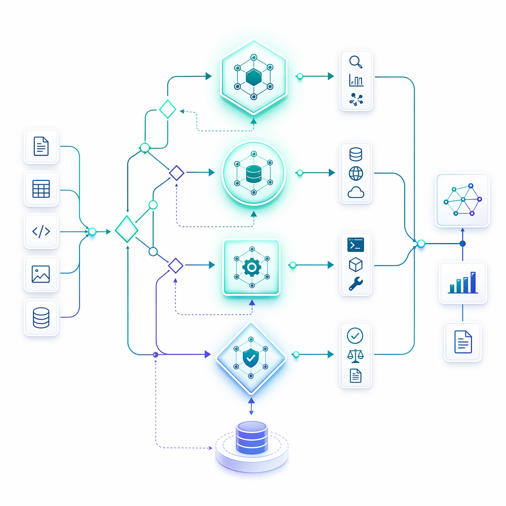 Multi-agent orchestration diagram — orchestrator coordinating plan, retrieve, and execute agents with shared memory