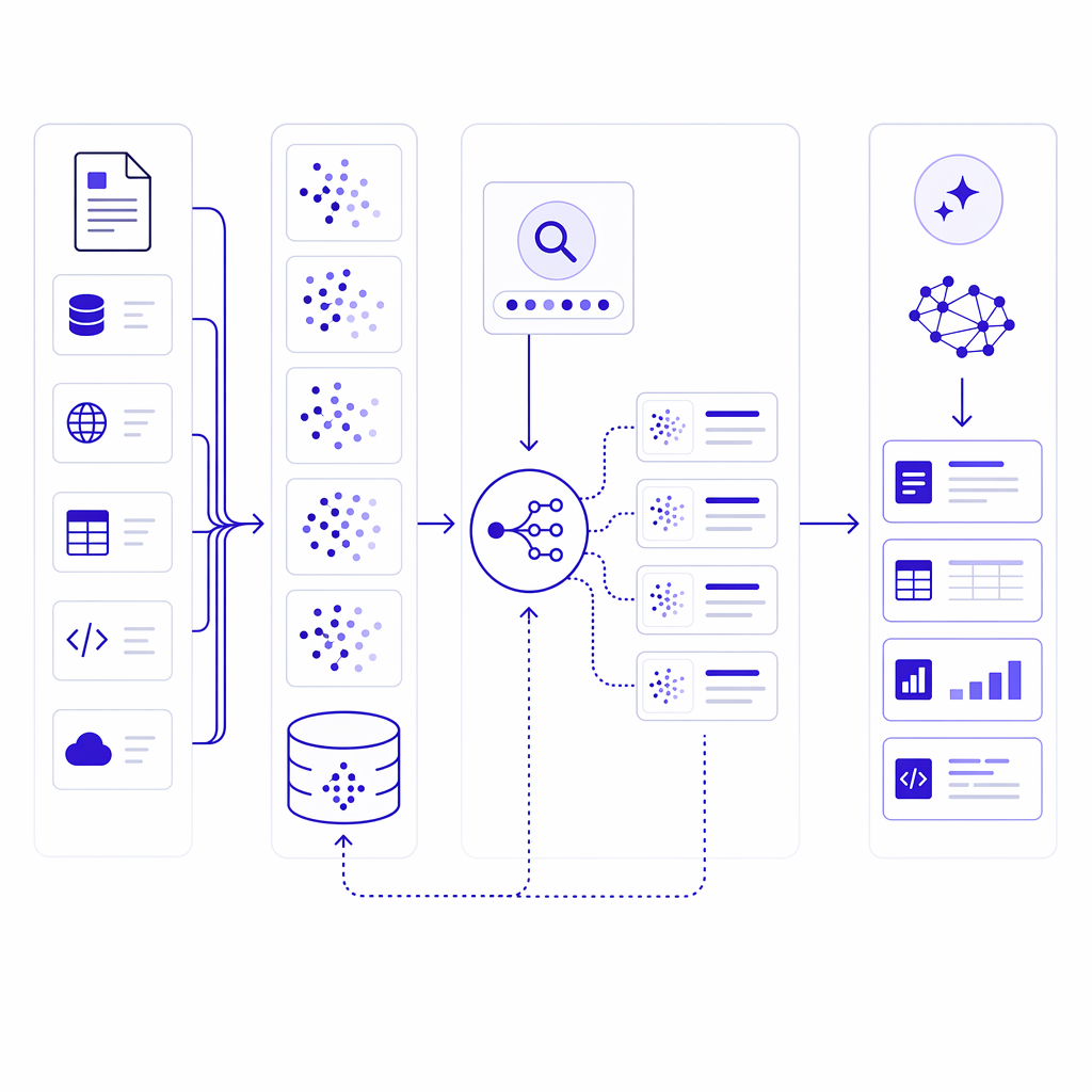 RAG pipeline diagram — query rewriting, intelligent routing to multiple data sources, grounded response generation