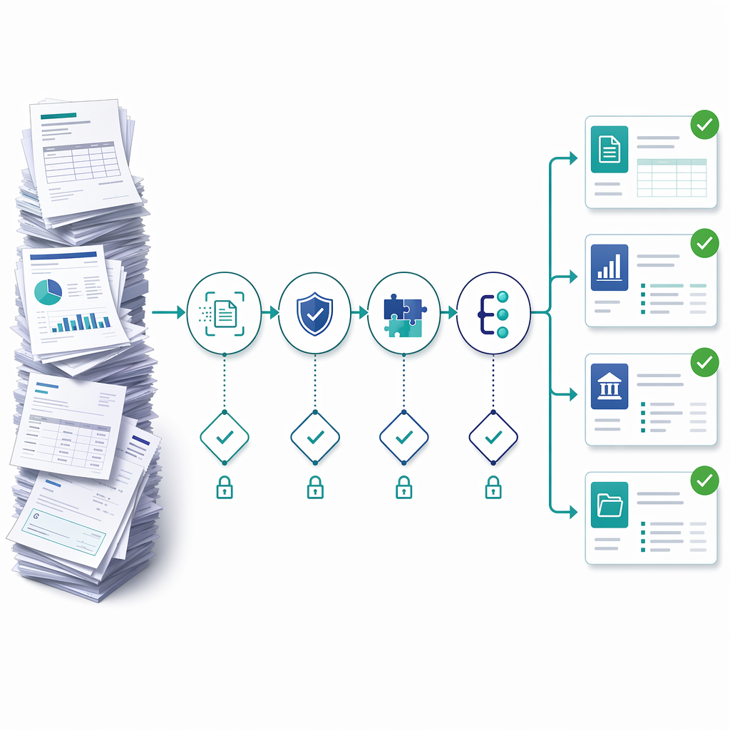 Financial document processing pipeline — from document stacks through parse, validate, reconcile, and approve stages