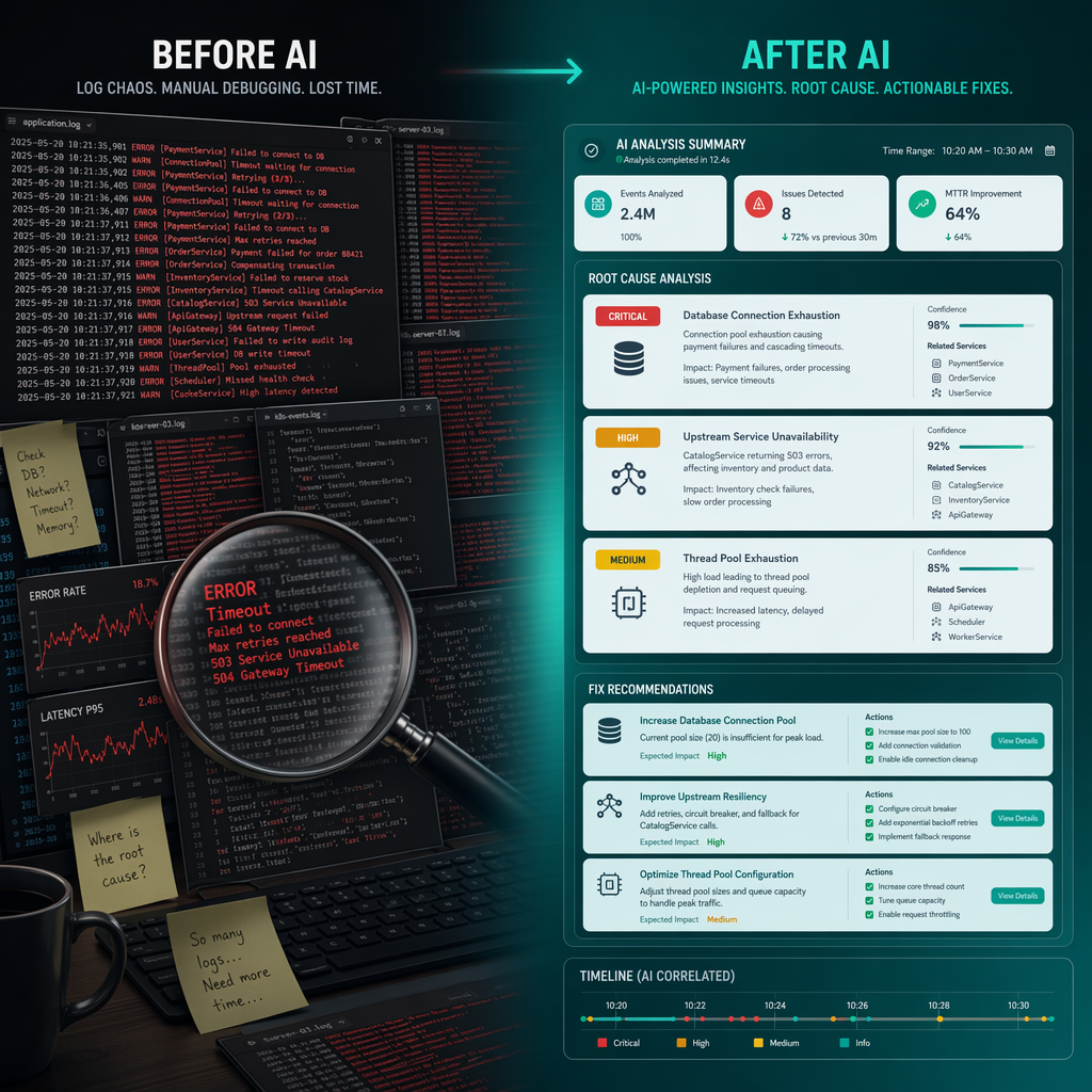 Log intelligence before and after — from chaotic manual log searching to instant AI-powered root cause analysis