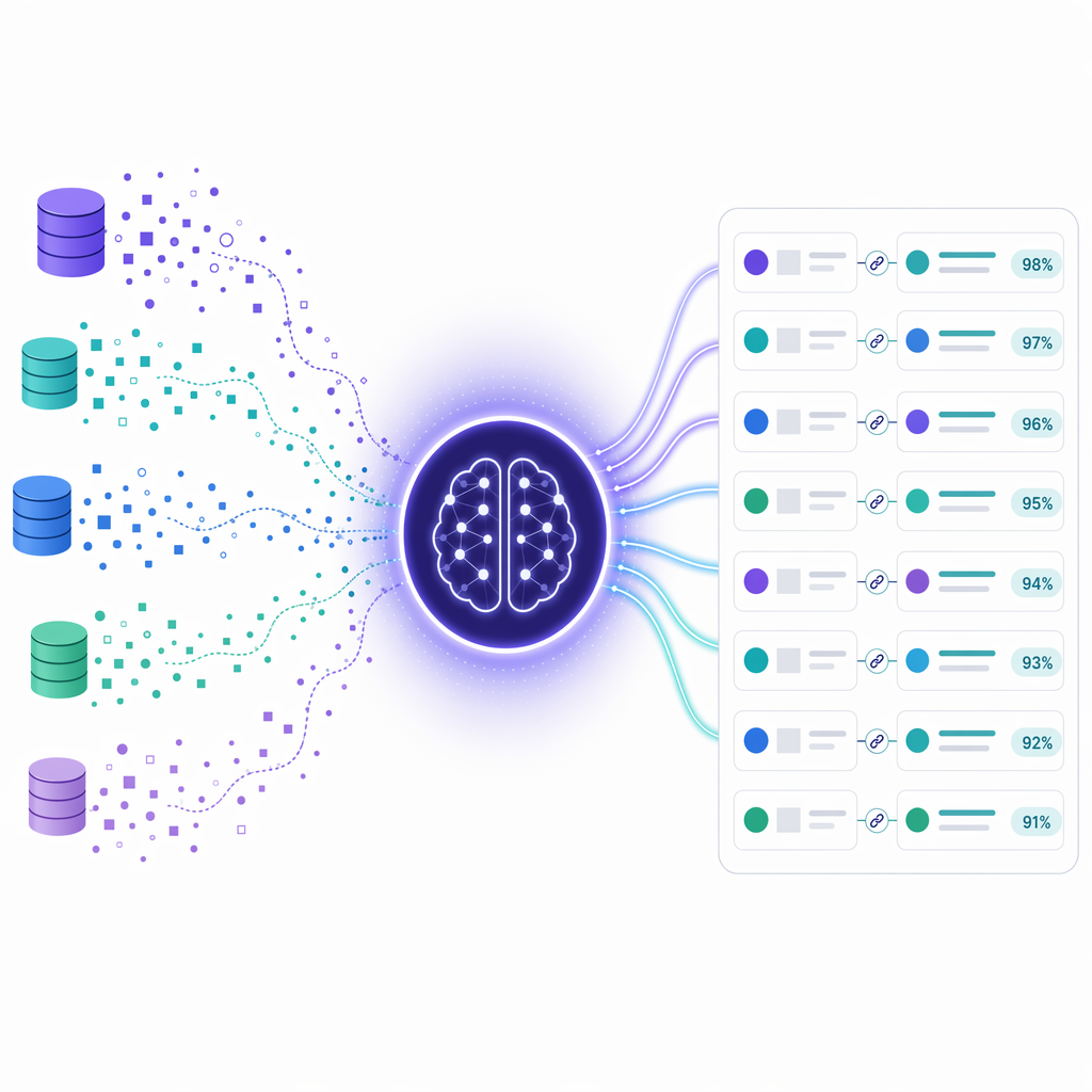 SKU matching before and after — from messy inconsistent datasets to AI-powered semantic entity matching