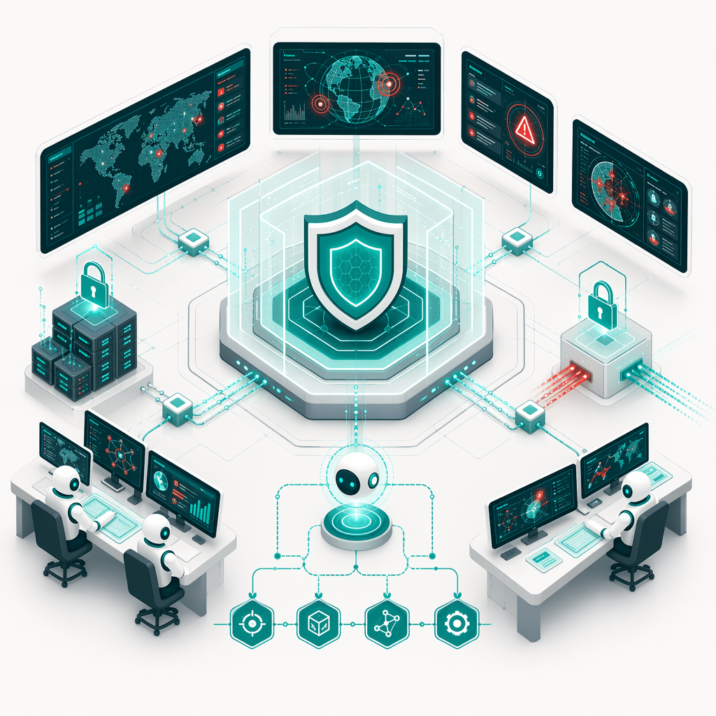 Security operations center with AI threat detection dashboards, automated response playbooks, and vulnerability analysis