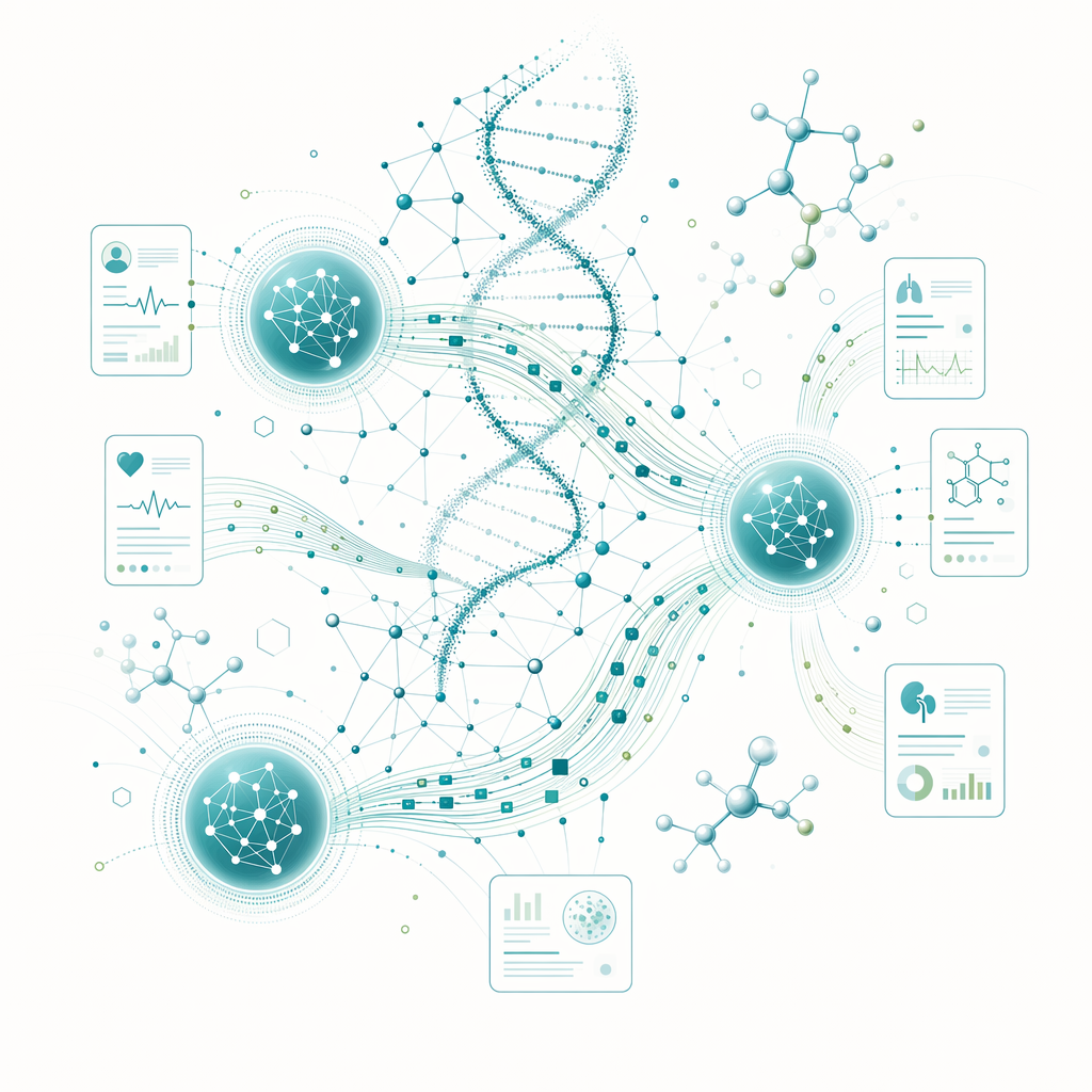 Healthcare AI with DNA helix visualization, clinical decision support, and patient data intelligence