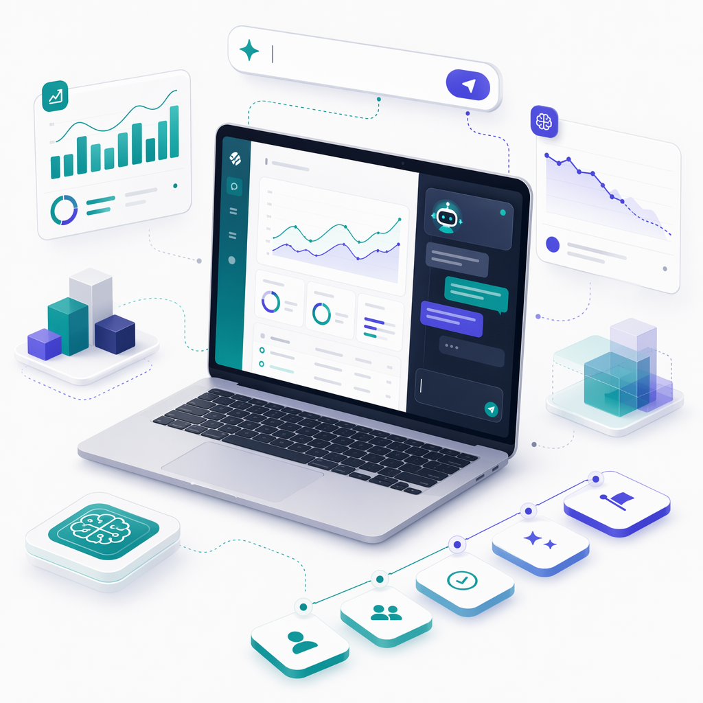 SaaS product dashboard with AI copilot features, usage analytics, and churn prediction charts