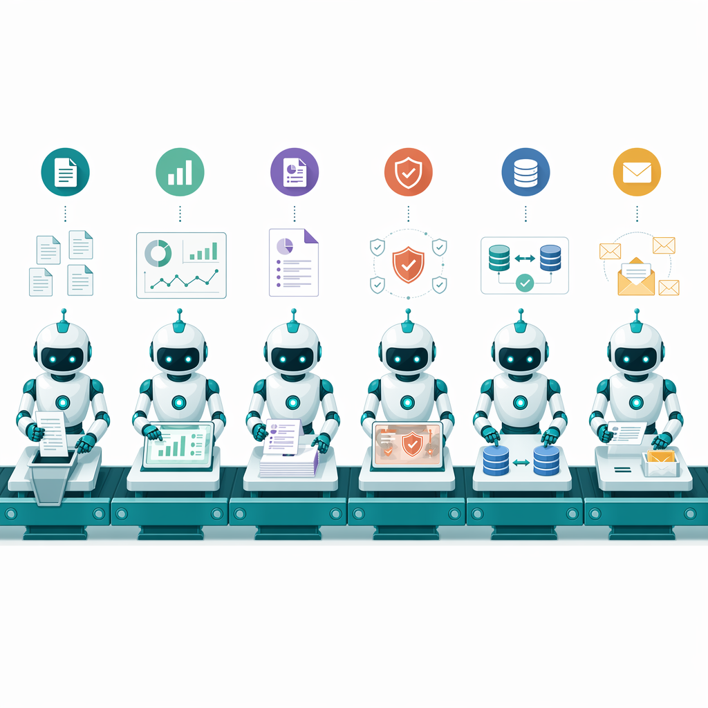 Six specialized AI worker agents performing enterprise tasks like document processing and compliance monitoring