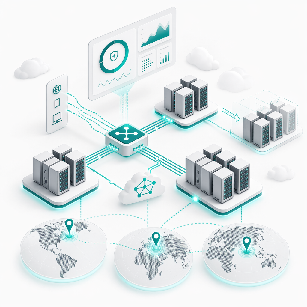 Cloud infrastructure with auto-scaling agent clusters, load balancers, and multi-region deployment nodes