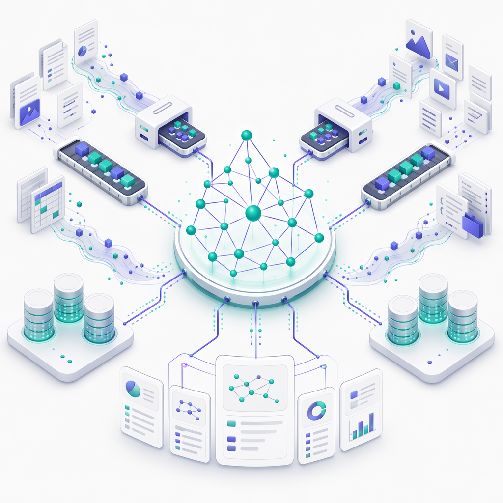 Enterprise data fabric with vector databases, knowledge graphs, and embedding pipelines connecting siloed data sources