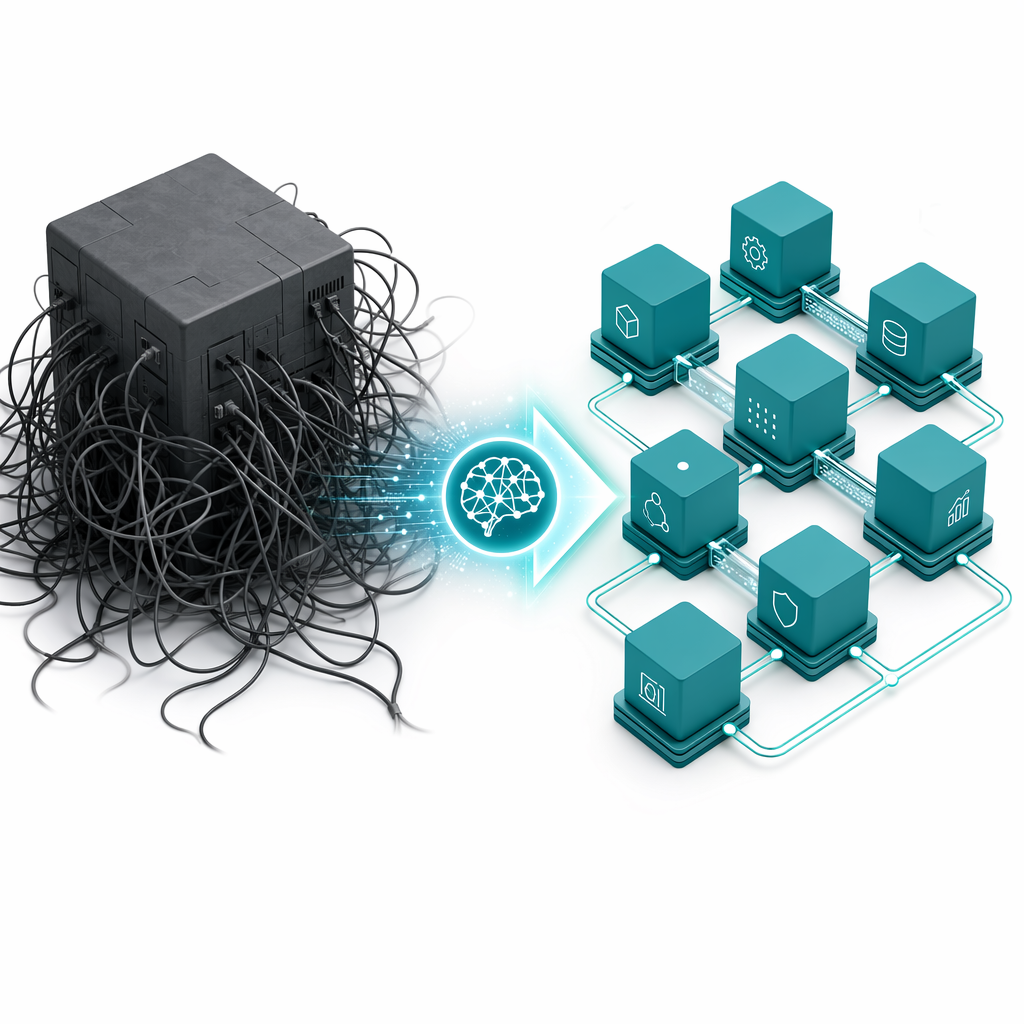 Legacy monolithic system transforming into AI-native modular architecture
