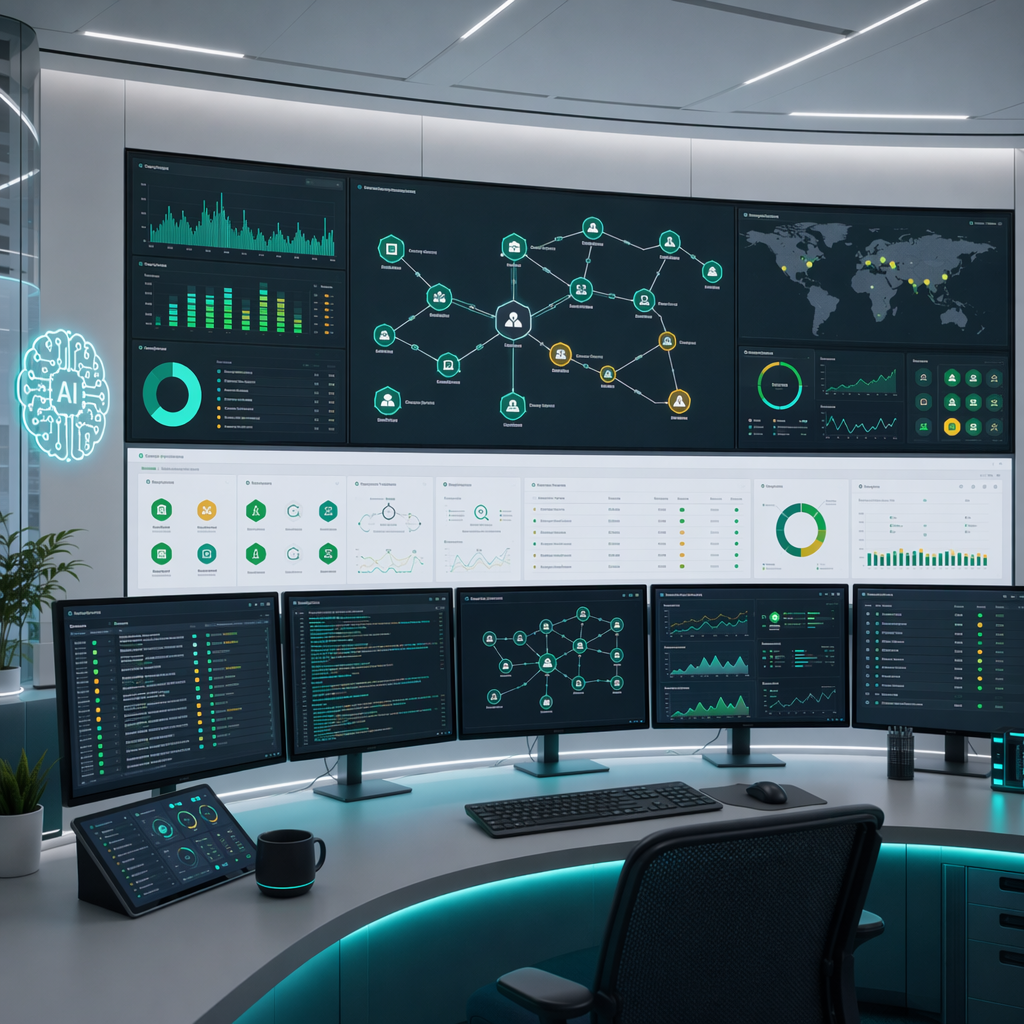 AI-powered engineering operations center — log analysis terminals, AI analysis panel, and automated root cause detection
